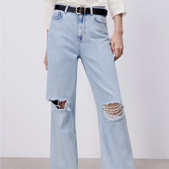 Zara Acid Light Wash Ripped Knee Wide Leg Baggy Jeans in US 10 - Picture 1 of 7